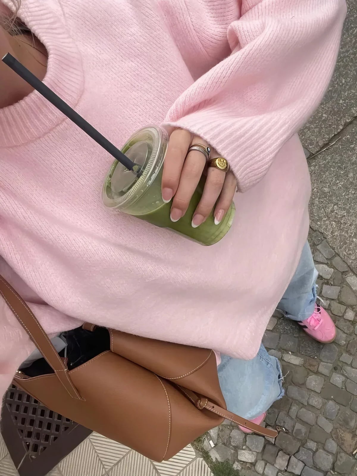 Oversized Pastel Pink Knit Sweater with Blue Jeans and Pink Sneakers — Aesthetic Pink Sweater Outfit
