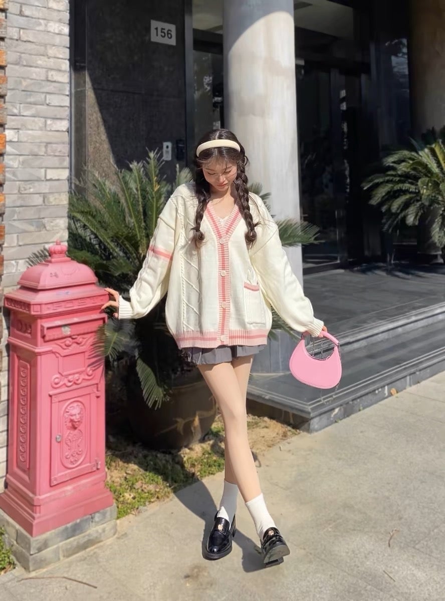 Cream and Pink Striped Cardigan Over a Grey Skirt with Black Loafers — Aesthetic Pink Sweater Outfit