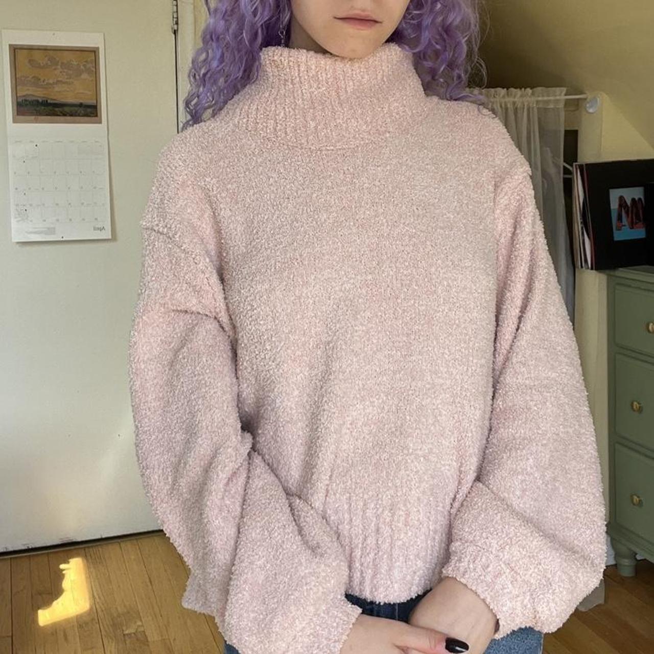Pink Fluffy Turtleneck Sweater with Relaxed Fit — Aesthetic Pink Sweater Outfit