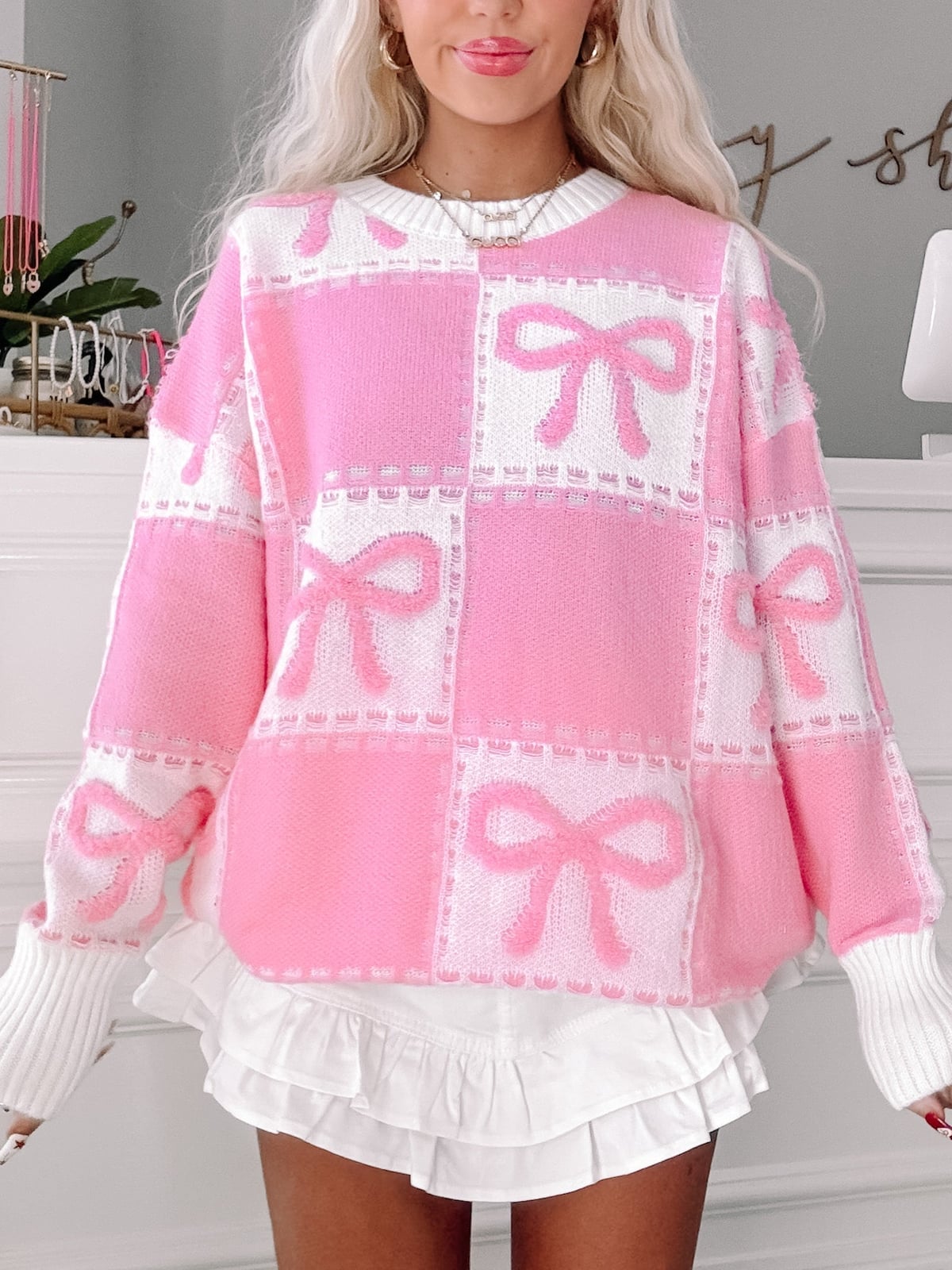 Pink and White Checkerboard Sweater with Bow Details — Aesthetic Pink Sweater Outfit
