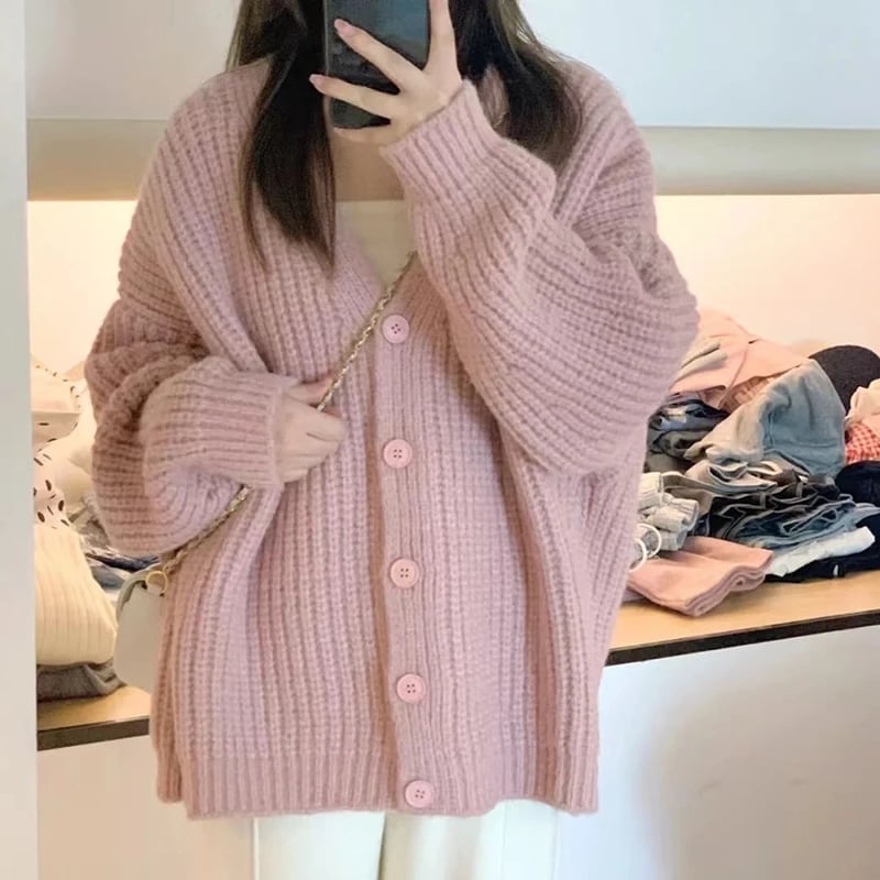 Oversized Pink Knit Cardigan with Chunky Buttons — Aesthetic Pink Sweater Outfit