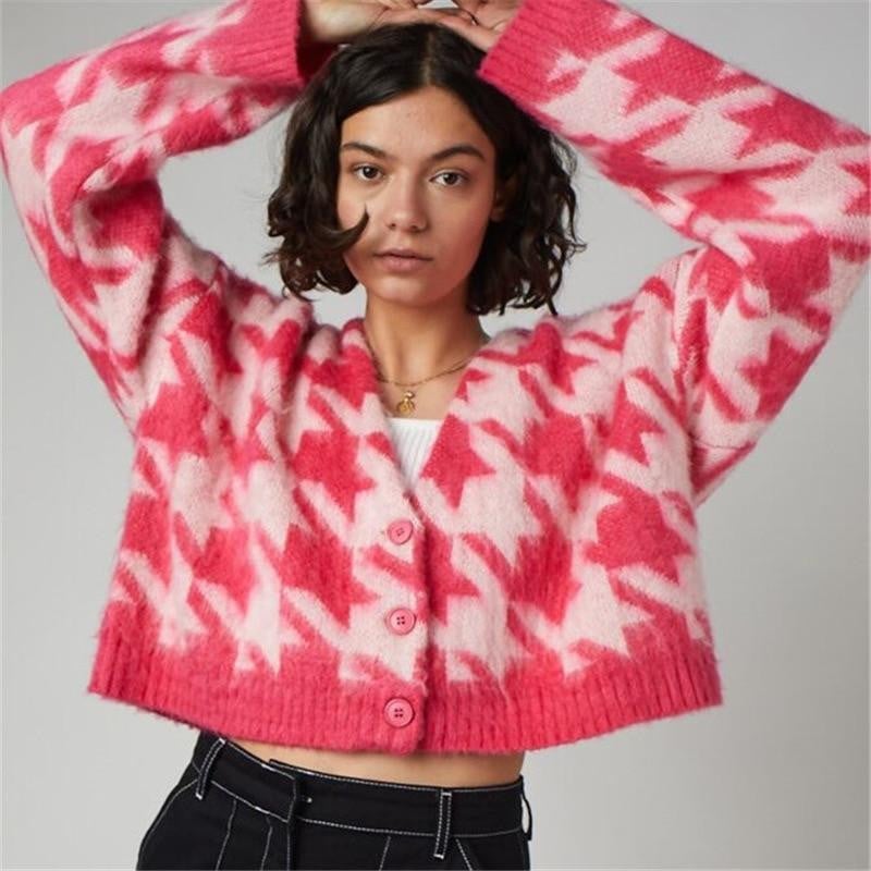 Cropped Pink and White Houndstooth Mohair Cardigan, Close-Up Take — Aesthetic Pink Sweater Outfit