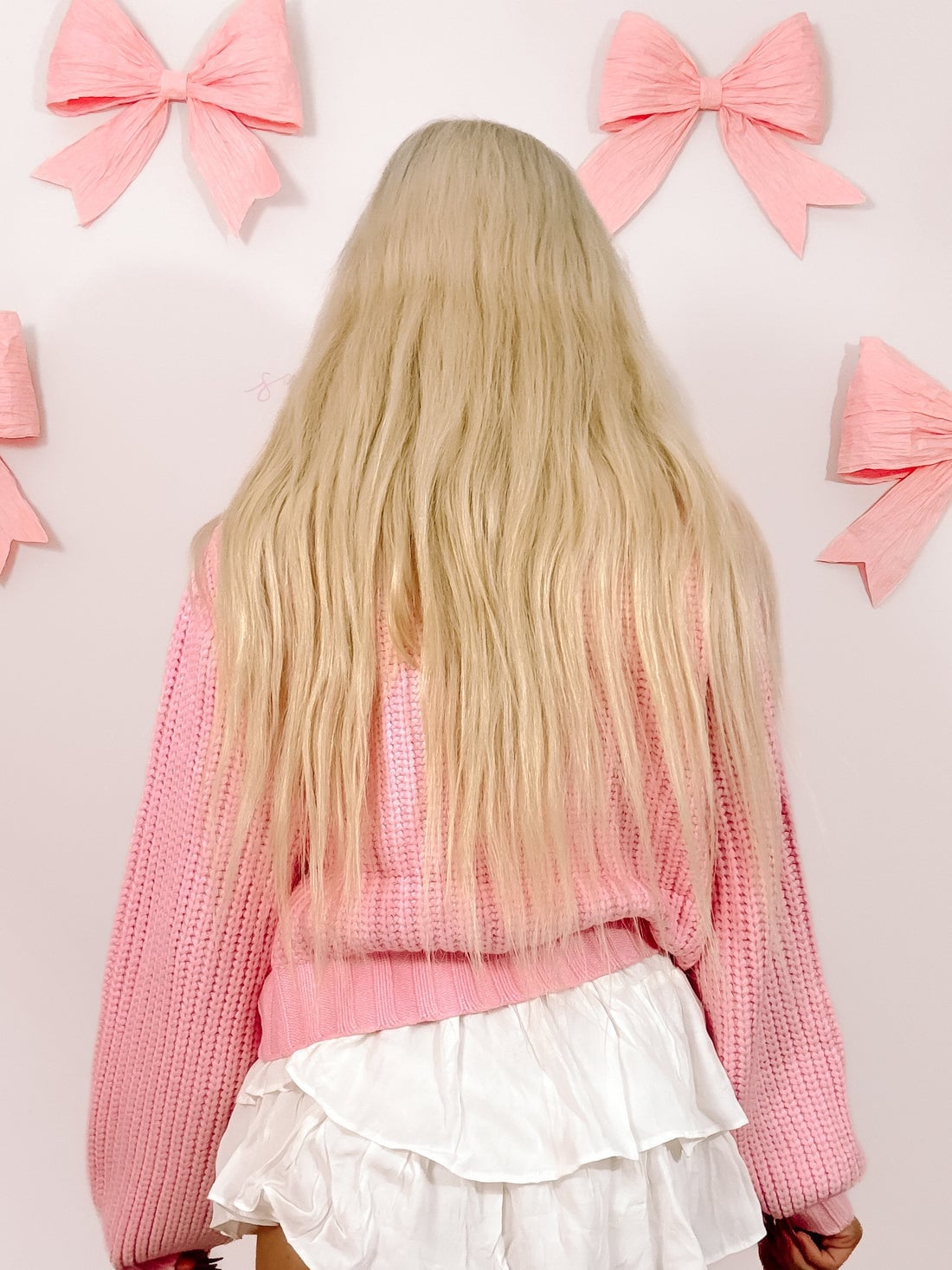 Pink Oversized Knit Sweater with White Ruffled Skirt and White Boots — Aesthetic Pink Sweater Outfit