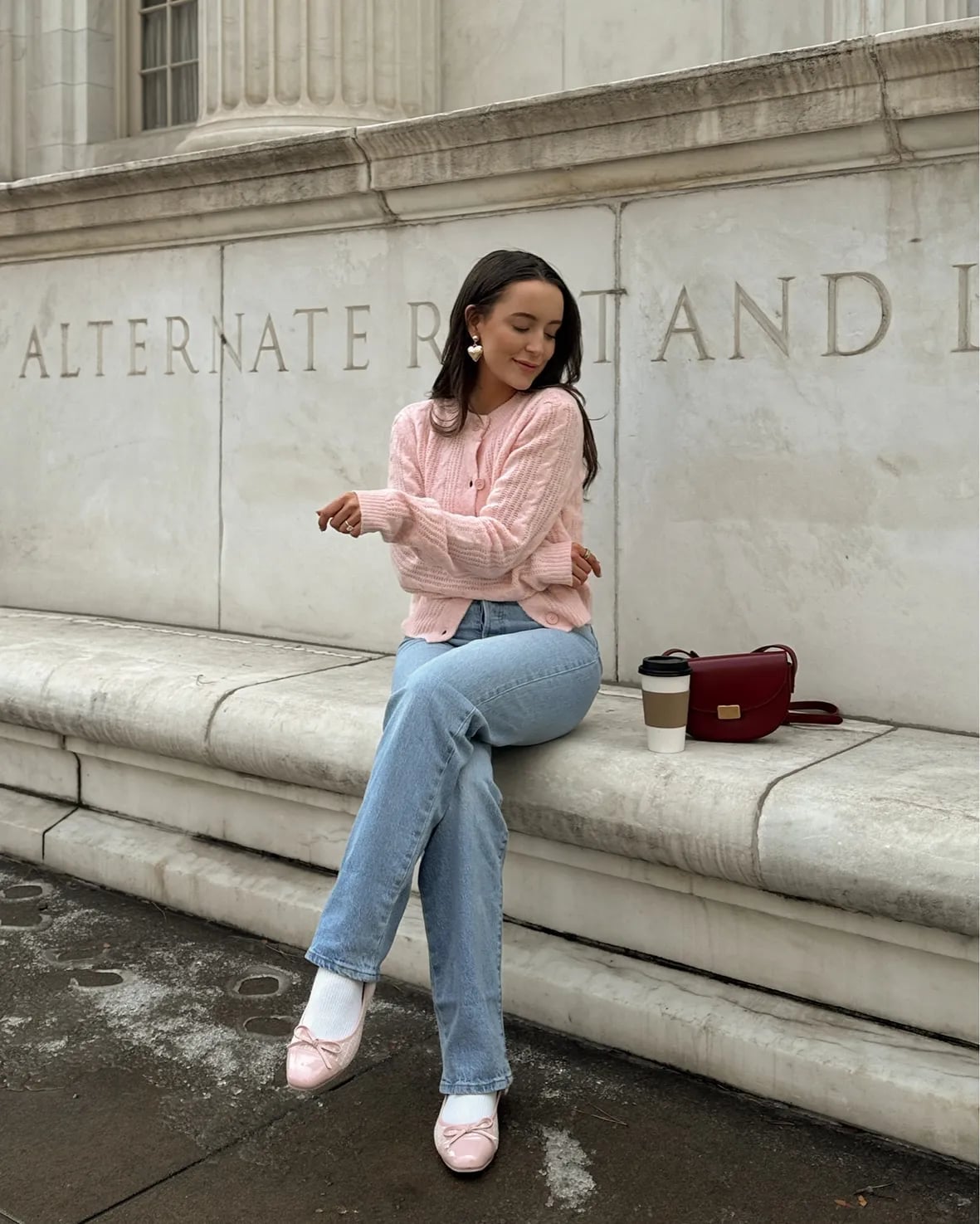 Pink Cable Knit Cardigan Over a White Top with Blue Jeans — Aesthetic Pink Sweater Outfit