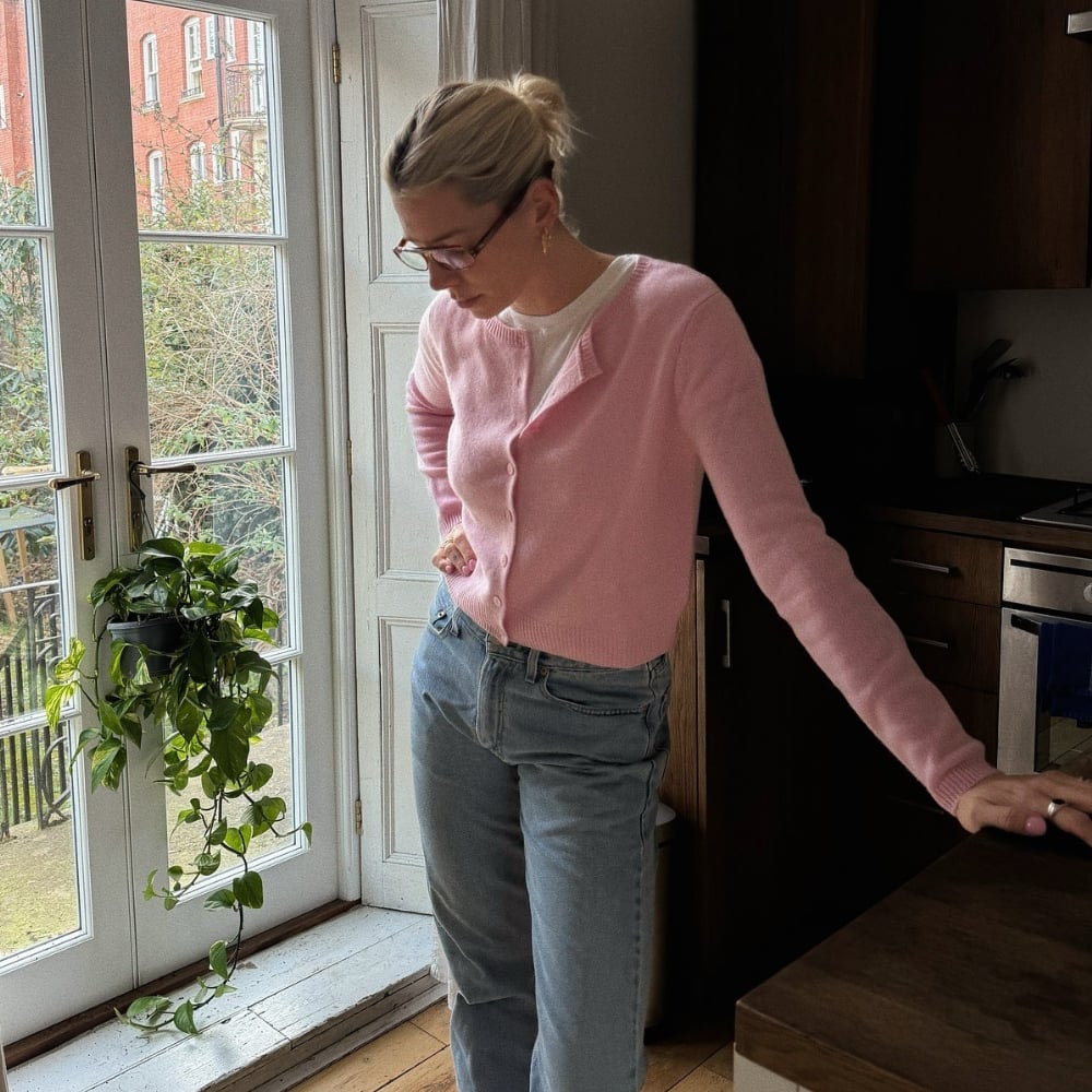 Light Pink Knit Cardigan Over a White T-Shirt with Blue Jeans — Aesthetic Pink Sweater Outfit