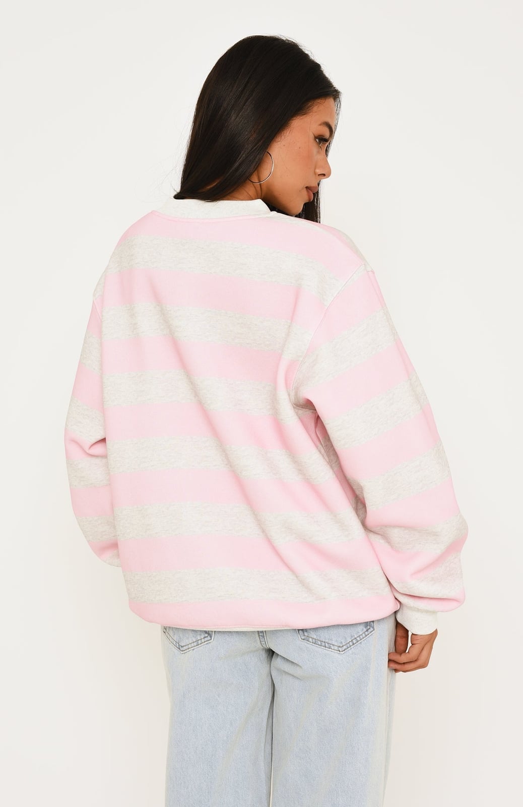 Oversized Pink and Grey Striped Sweater with White Long-Sleeve Shirt — Aesthetic Pink Sweater Outfit