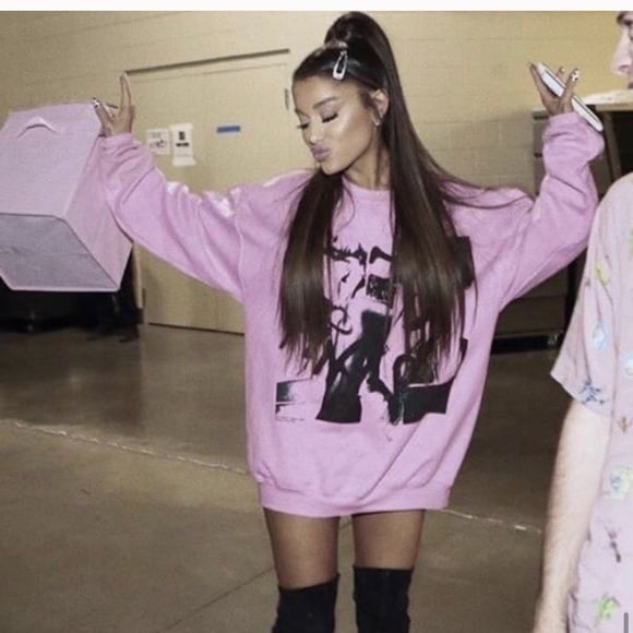 Oversized Pink Sweater with Black Graphic Print and Thigh-High Boots — Aesthetic Pink Sweater Outfit