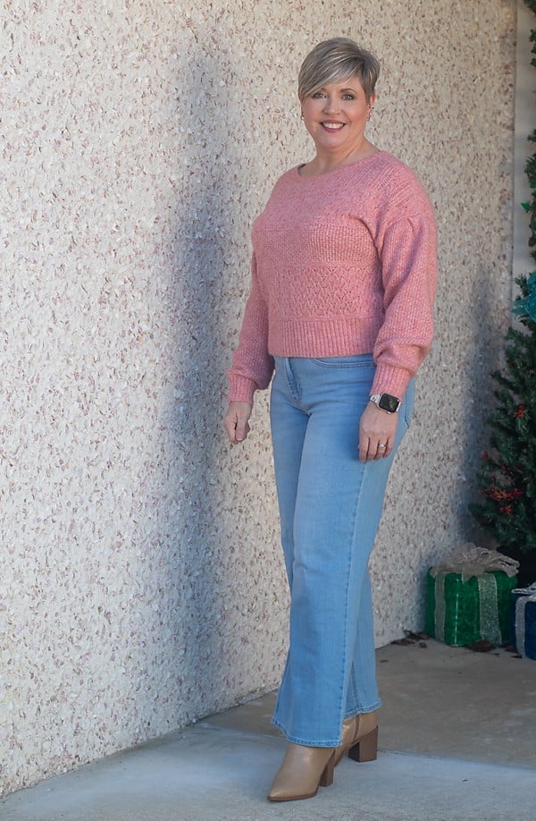Pink Cable Knit Cropped Sweater with Wide-Leg Jeans — Aesthetic Pink Sweater Outfit