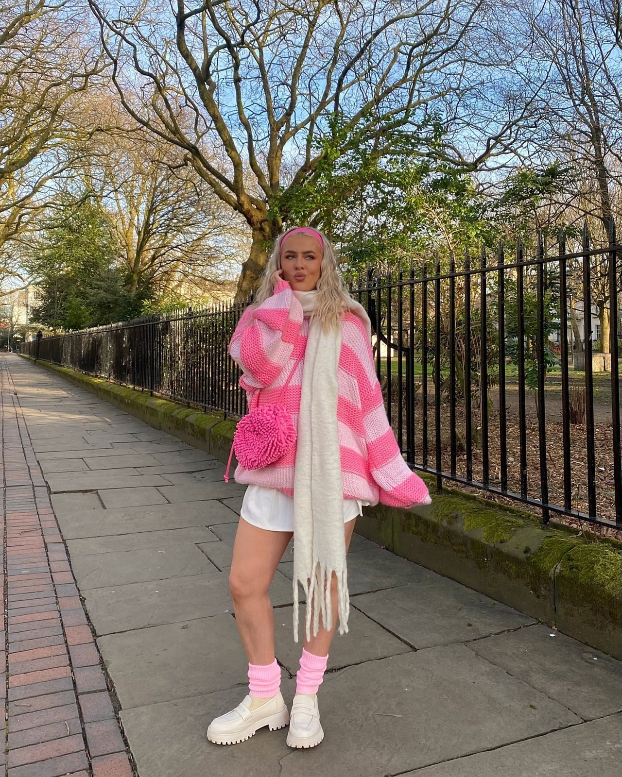 Oversized Pink and White Striped Chunky Knit Sweater with White Shorts — Aesthetic Pink Sweater Outfit