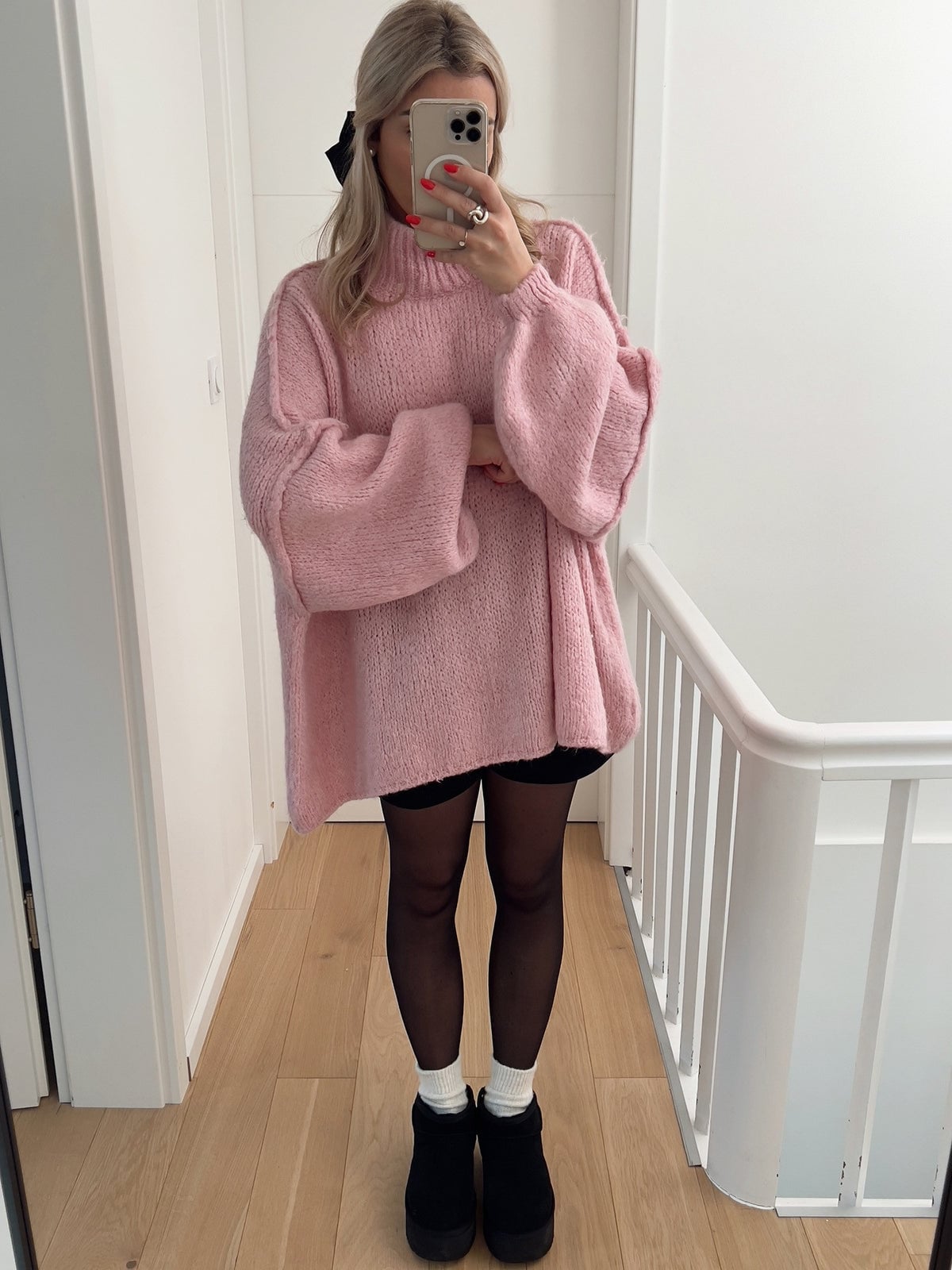 Oversized Pink Knit Sweater with Black Shorts and Platform Boots — Aesthetic Pink Sweater Outfit
