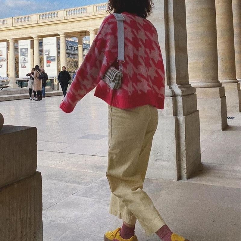 Cropped Pink and White Houndstooth Mohair Cardigan with Beige Pants — Aesthetic Pink Sweater Outfit