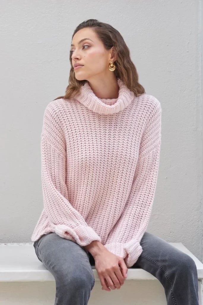 Soft Pink Chunky Knit Sweater with Grey Jeans — Aesthetic Pink Sweater Outfit