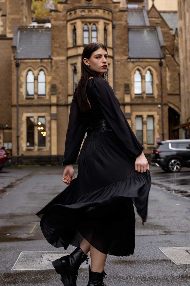 Flowing Black Long-Sleeve Dress with Leather Belt — Aesthetic Queen Dress