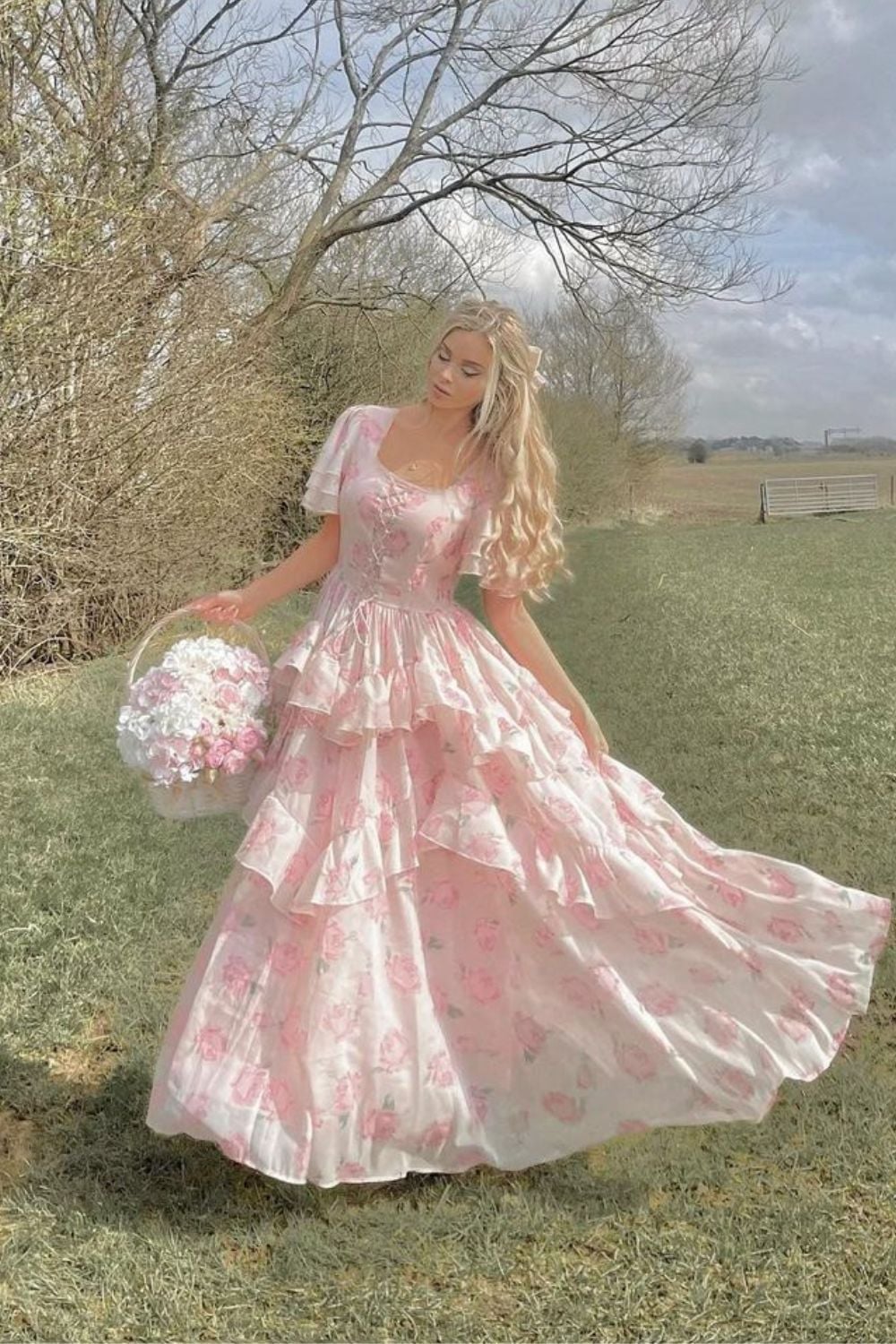 Pink and White Floral Tiered Ruffle Dress — Aesthetic Queen Dress