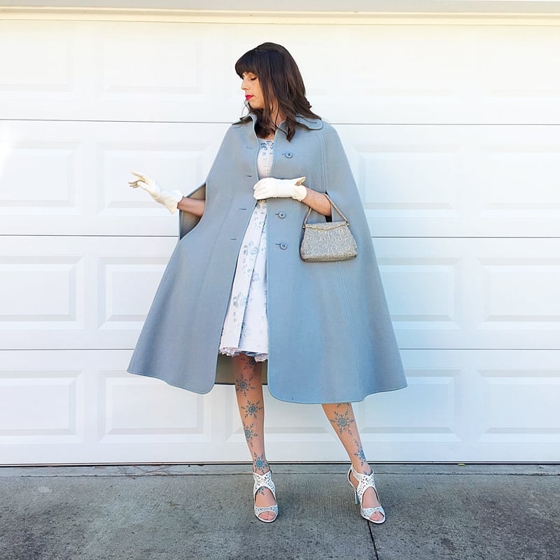 Light Blue Patterned A-line Dress with Cape — Aesthetic Queen Dress