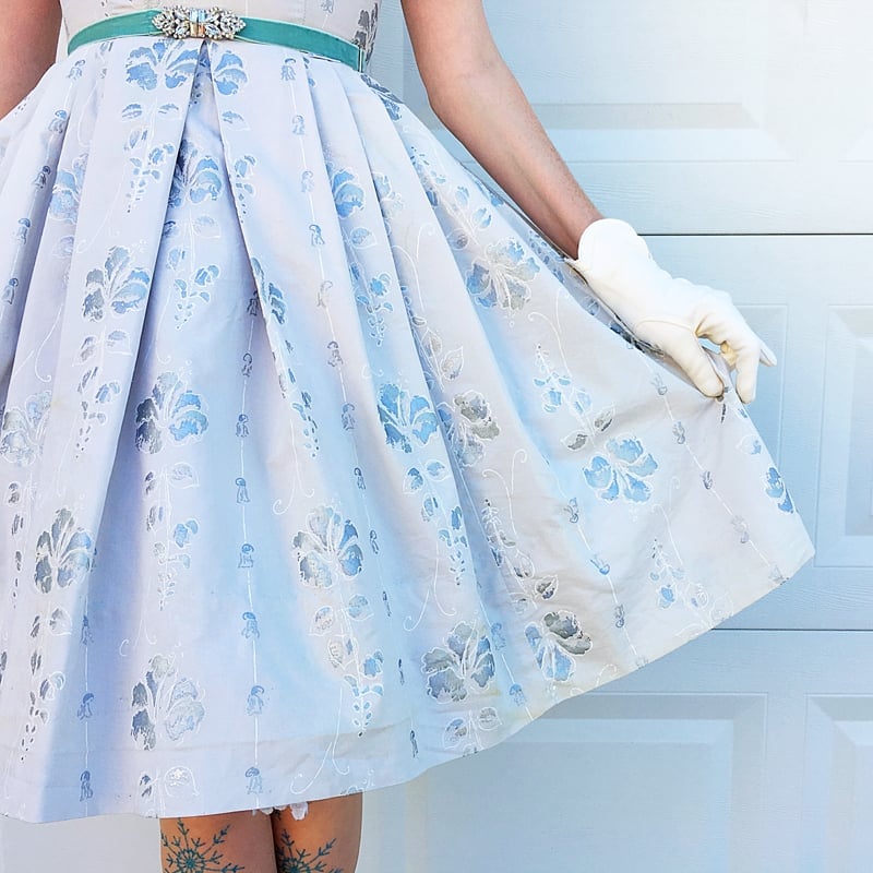 Light Blue Brocade Dress with Jeweled Belt — Aesthetic Queen Dress