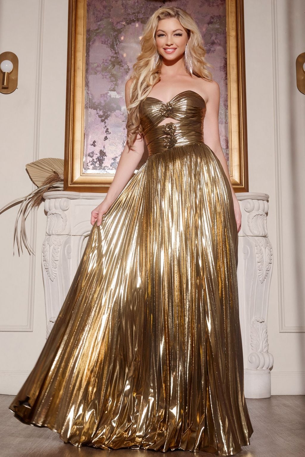 Strapless Gold Metallic Gown with Pleated Skirt — Aesthetic Queen Dress