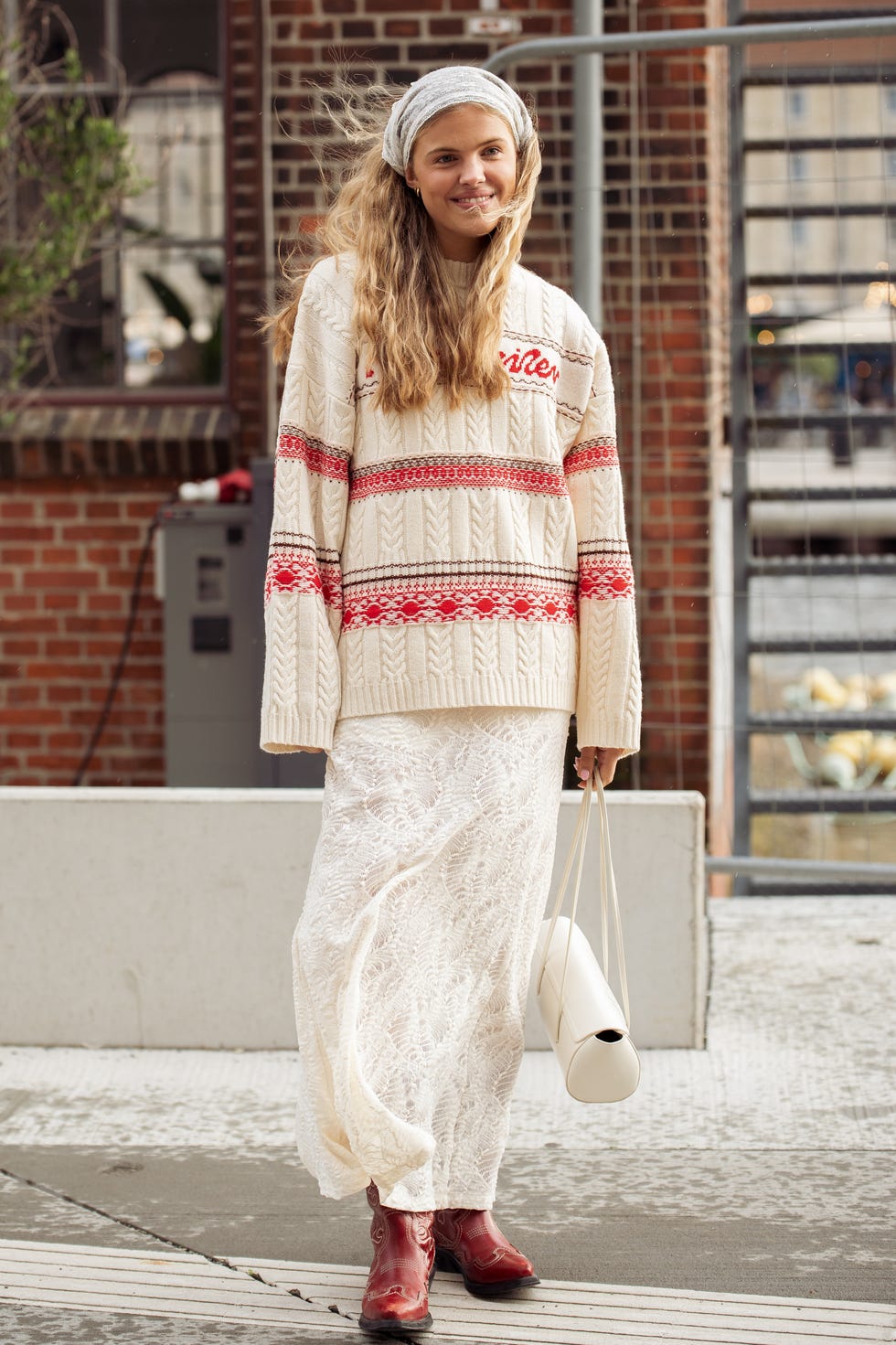 Red Cowboy Boots With Cable Knit Sweater — Aesthetic Red Boots Outfit