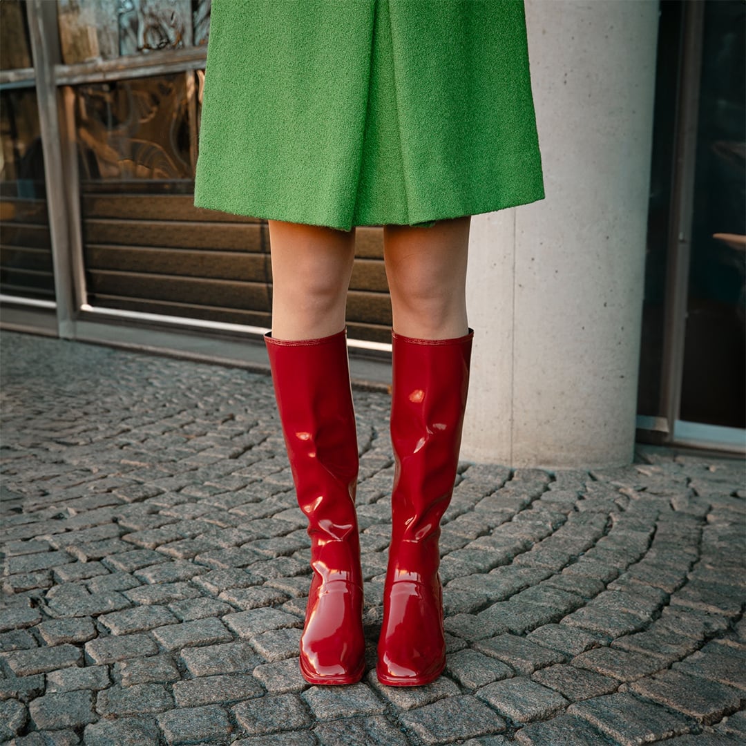 Red Patent Boots With Green Textured Skirt — Aesthetic Red Boots Outfit