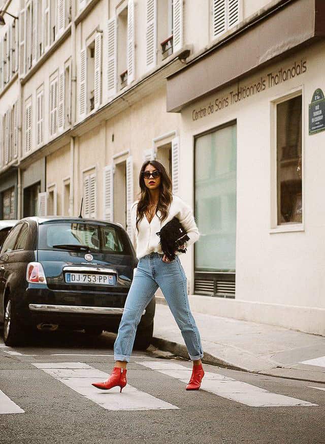 Red Pointed Ankle Boots With Cardigan — Aesthetic Red Boots Outfit