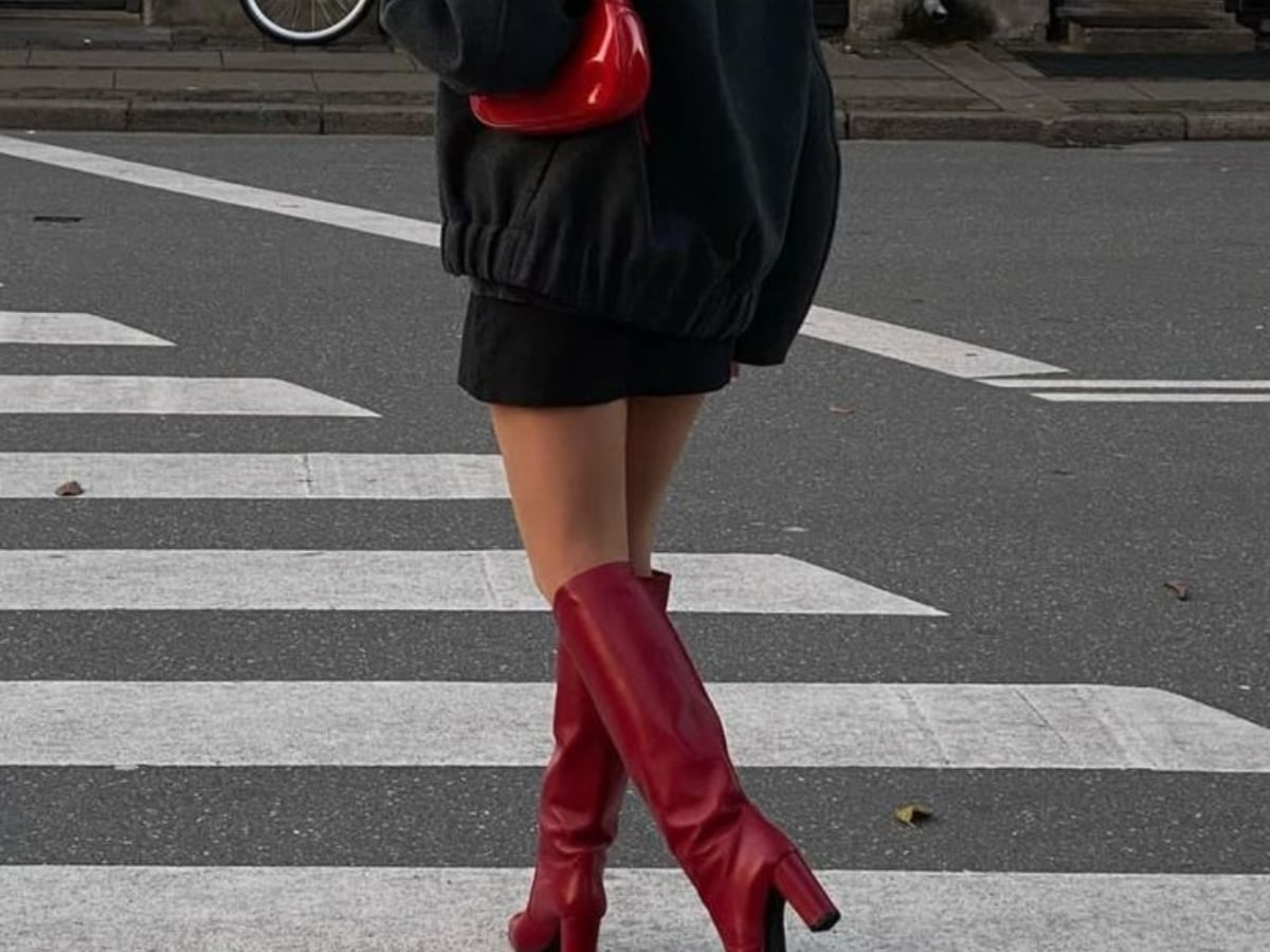 Red Knee-High Boots With Cropped Sweatshirt — Aesthetic Red Boots Outfit