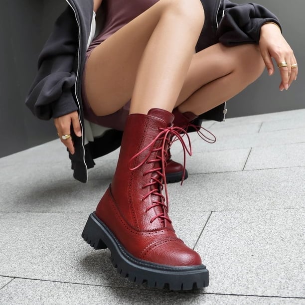 Red Lace-Up Boots With Burgundy Shorts — Aesthetic Red Boots Outfit