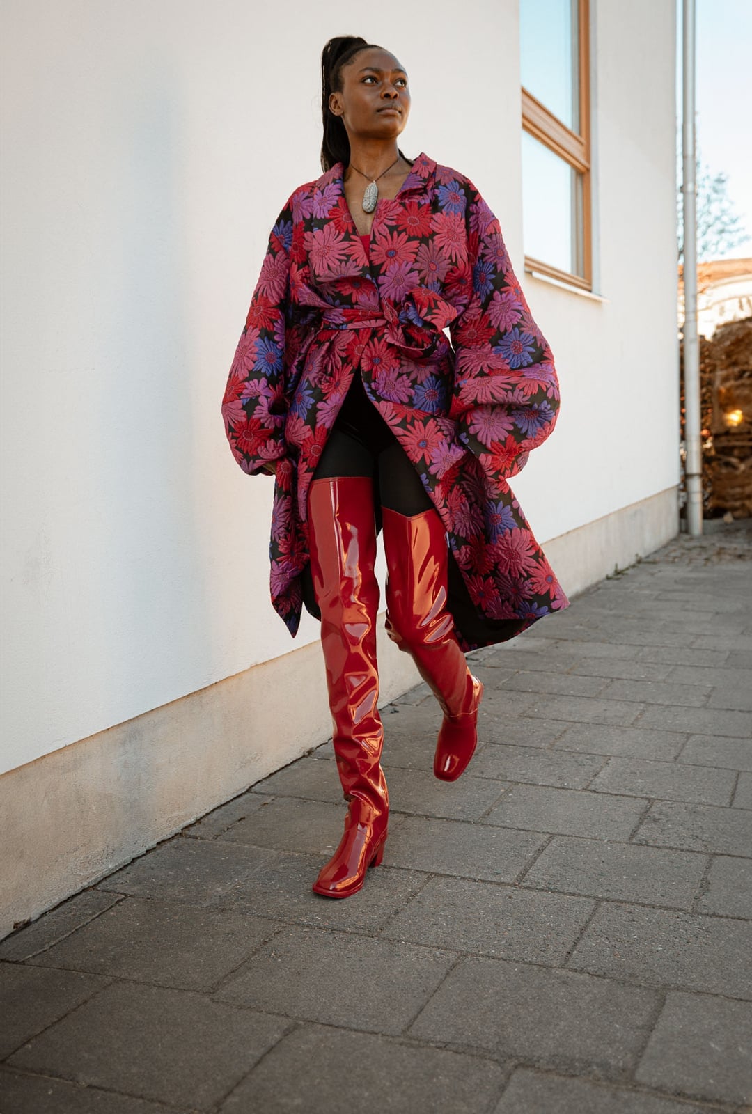 Red Patent Knee-High Boots With Floral Robe Coat — Aesthetic Red Boots Outfit