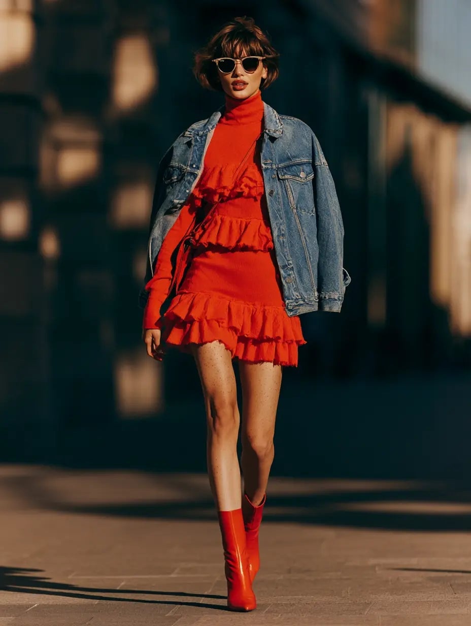 Red Ruffled Mini Dress With Denim Jacket — Aesthetic Red Boots Outfit
