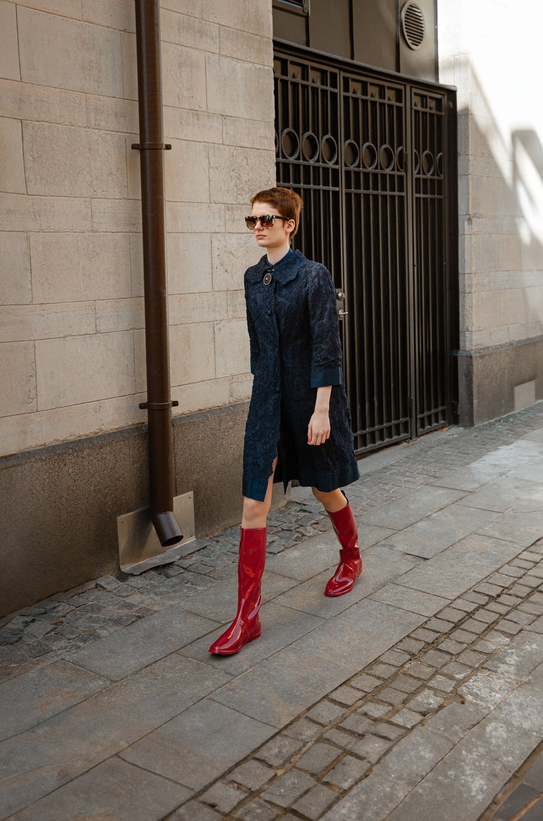 Minimalist Red Patent Boots With Textured Coat — Aesthetic Red Boots Outfit