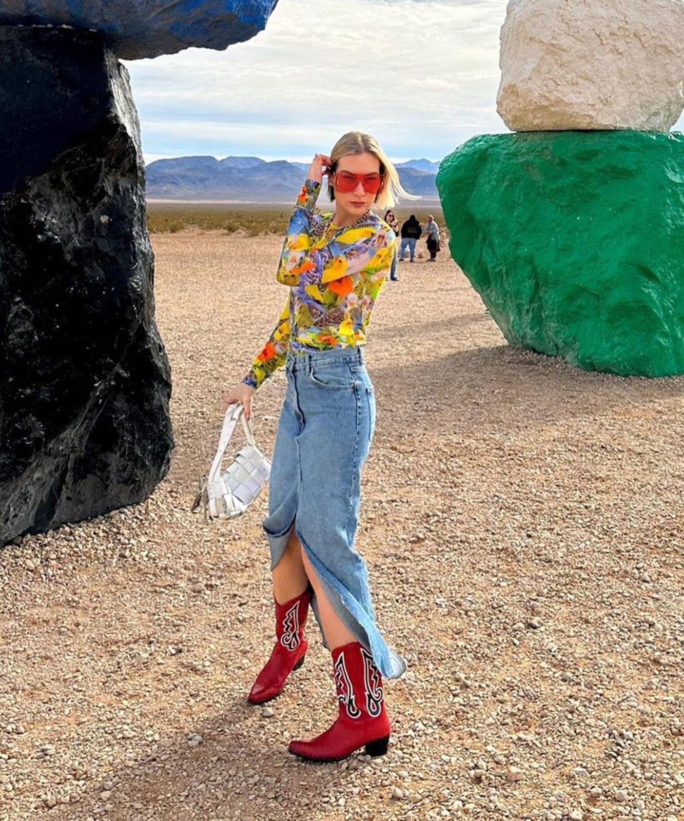 Red Embroidered Cowboy Boots With Denim Maxi Skirt — Aesthetic Red Boots Outfit