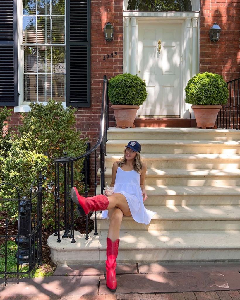 Red Cowboy Boots With White A-line Mini Dress — Aesthetic Red Boots Outfit