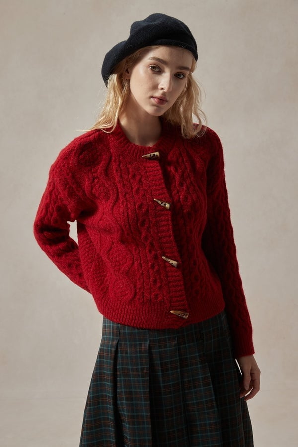 Red Cardigan With Plaid Skirt — Aesthetic Red Cardigan Outfit