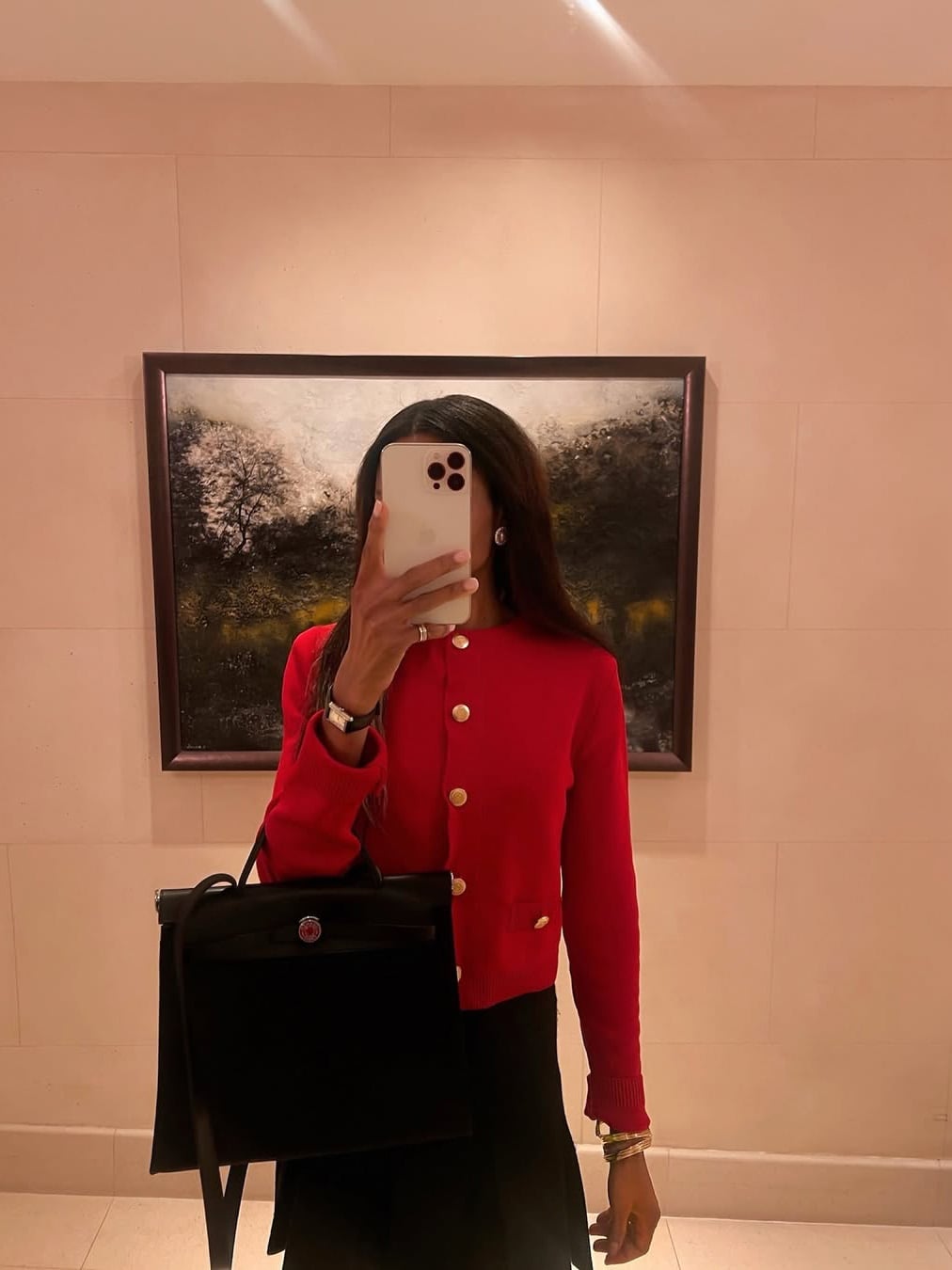 Fitted Red Cardigan With Black Skirt — Aesthetic Red Cardigan Outfit