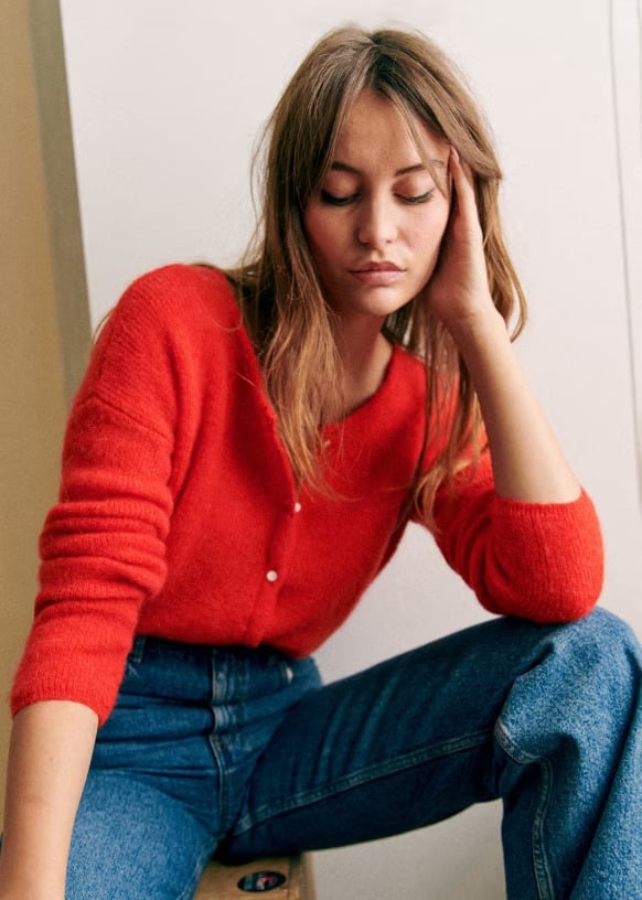 Brushed Knit Red Cardigan Texture — Aesthetic Red Cardigan Outfit