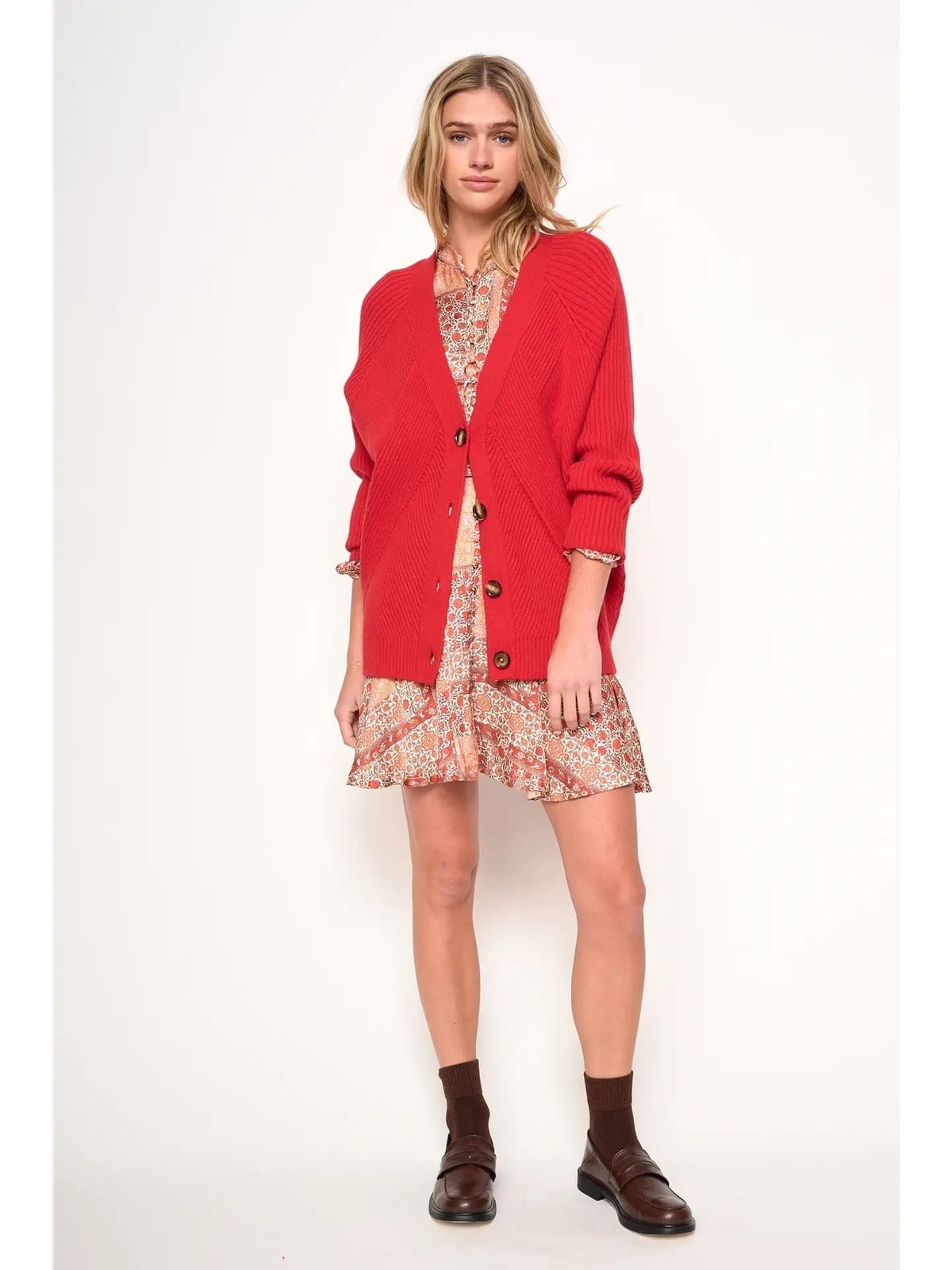 Oversized Red Cardigan Over A-Line Dress — Aesthetic Red Cardigan Outfit