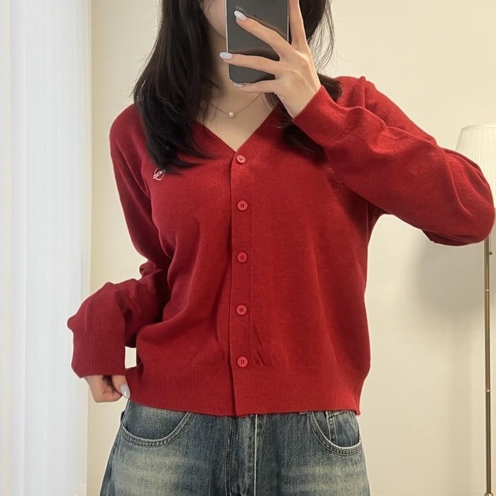 Red V-Neck Cardigan With Pearl Necklace — Aesthetic Red Cardigan Outfit