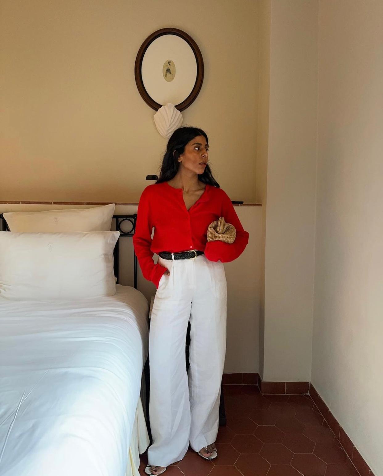 Red Cardigan With White Trousers — Aesthetic Red Cardigan Outfit