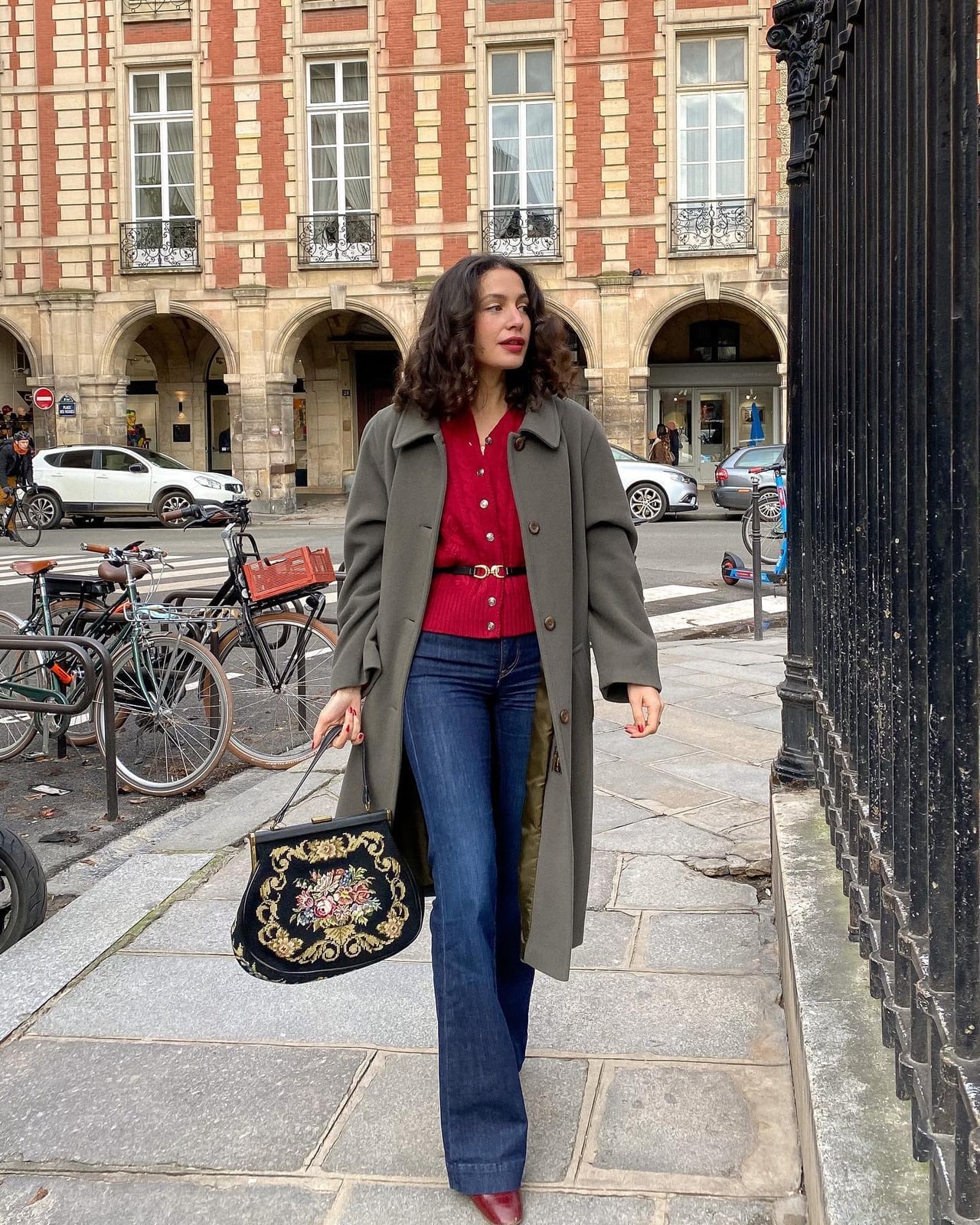 Fitted Red Cardigan Under Grey Wool Coat — Aesthetic Red Cardigan Outfit