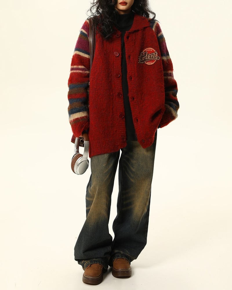 Hooded Red Cardigan With Striped Sleeves — Aesthetic Red Cardigan Outfit