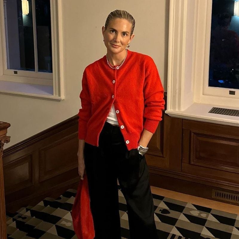 Bright Red Cardigan With Black Trousers — Aesthetic Red Cardigan Outfit