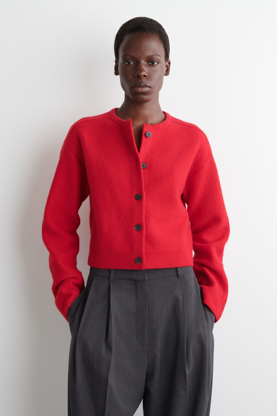 Cropped Red Cardigan With Pleated Trousers — Aesthetic Red Cardigan Outfit