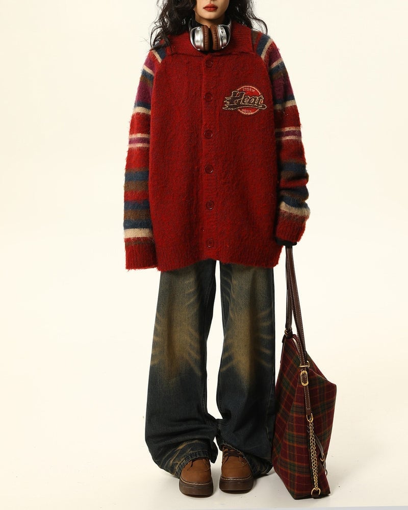 Striped Sleeve Red Cardigan With Distressed Jeans — Aesthetic Red Cardigan Outfit