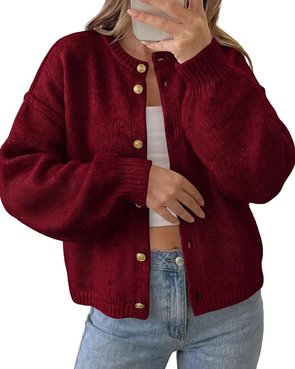 Chunky Red Cardigan With Gold Buttons — Aesthetic Red Cardigan Outfit
