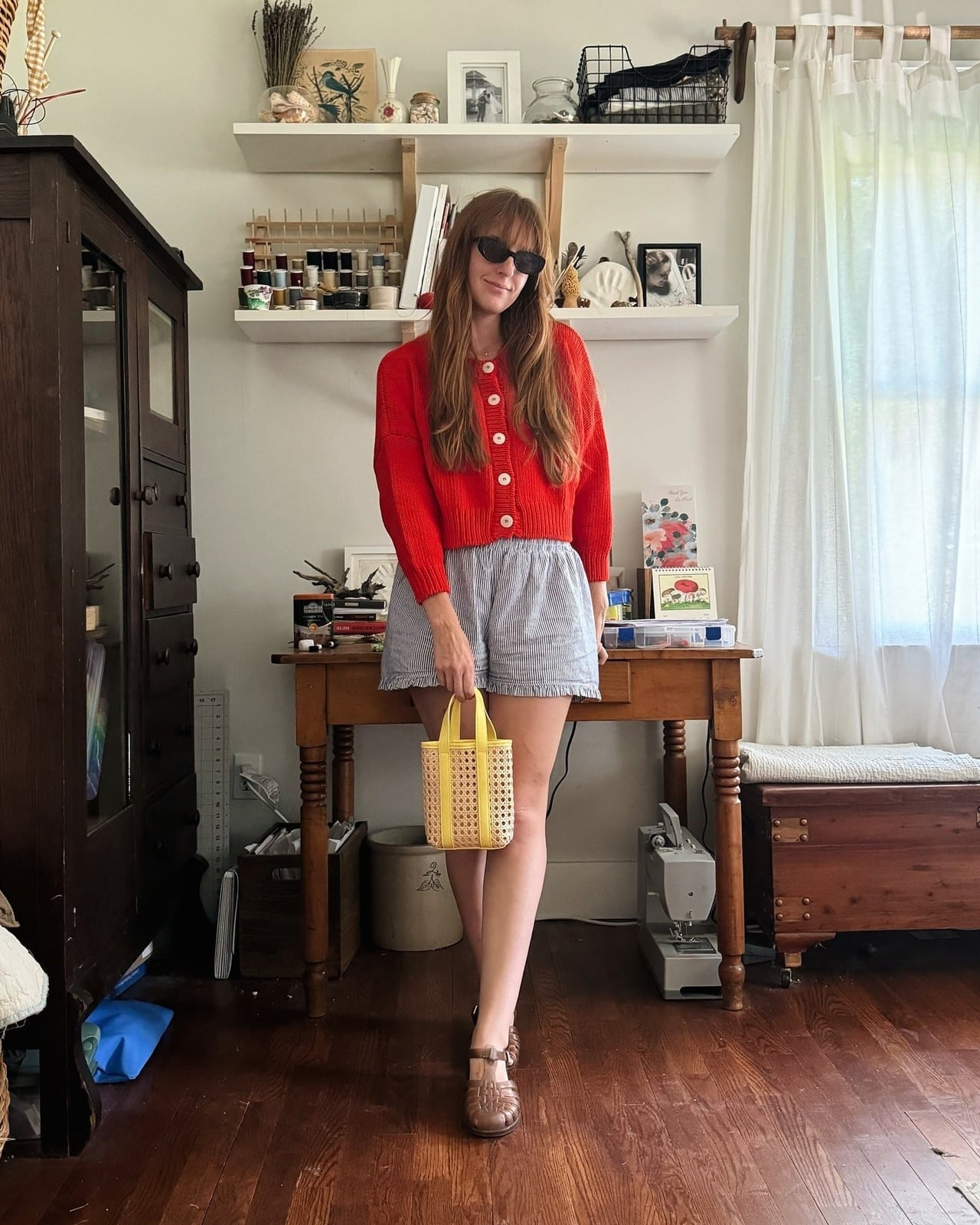 Red Cardigan With Striped Shorts — Aesthetic Red Cardigan Outfit