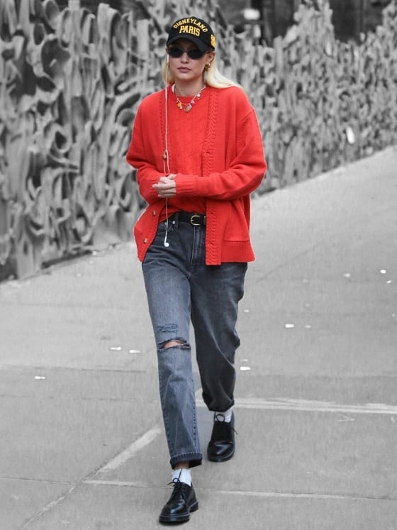 Red Cardigan With Distressed Grey Jeans — Aesthetic Red Cardigan Outfit