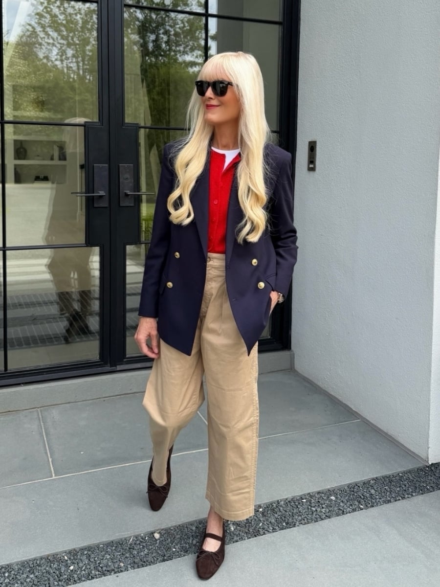 Red Cardigan Under Navy Blazer — Aesthetic Red Cardigan Outfit