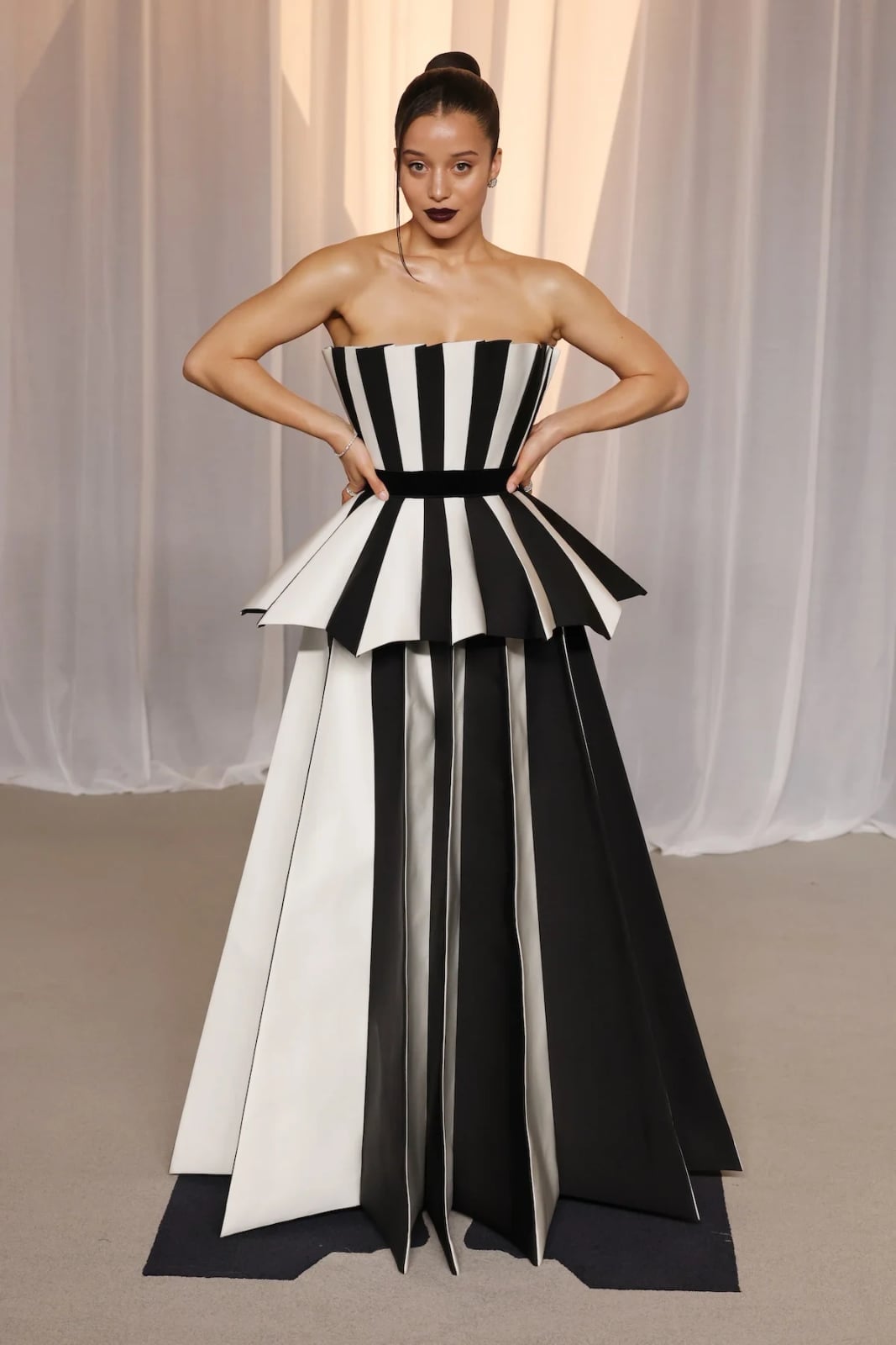 Black And White Satin A-line Gown With Peplum — Aesthetic Red Carpet Dresses
