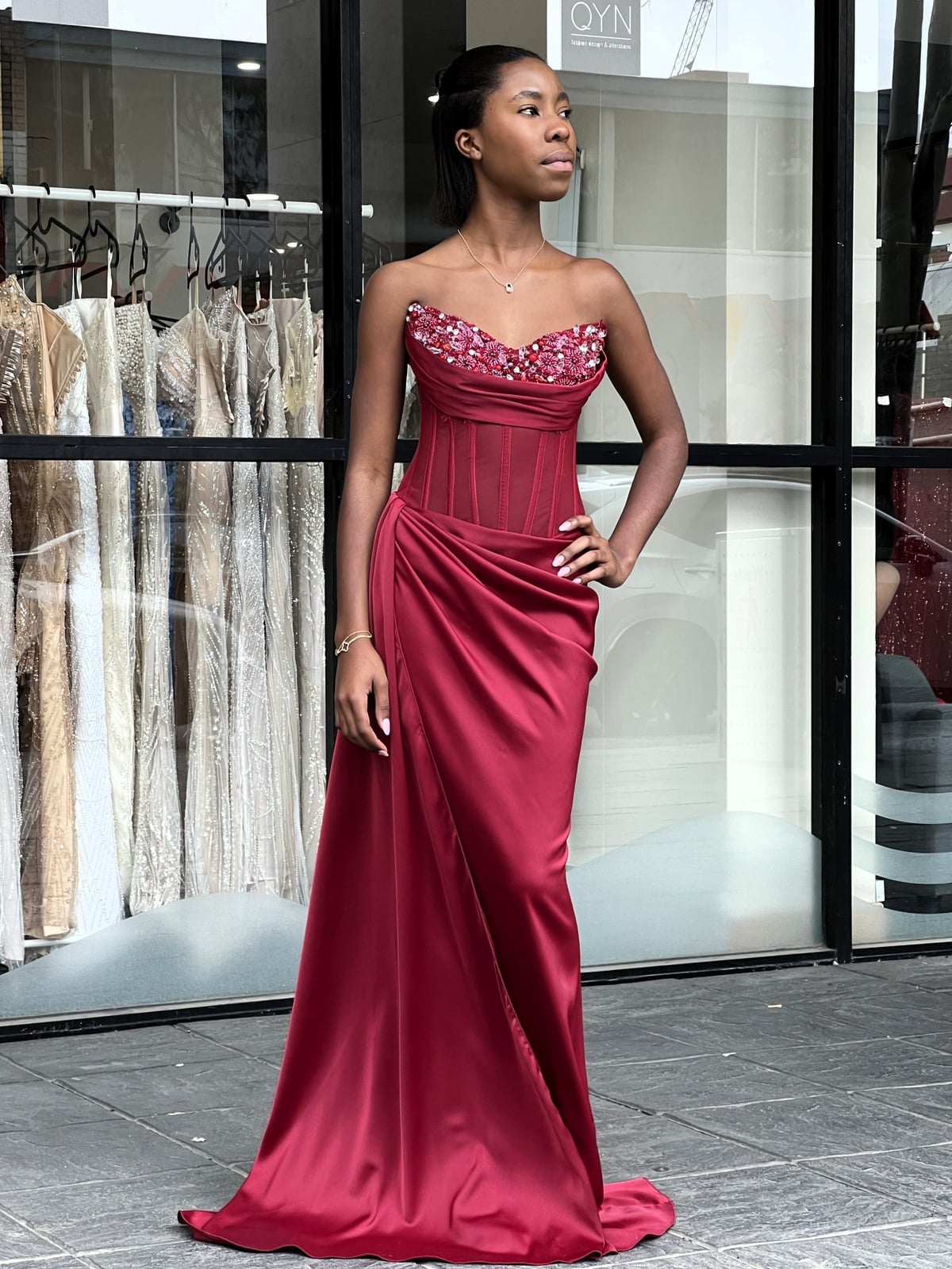 Red Satin Gown With Beaded Corset Bodice — Aesthetic Red Carpet Dresses