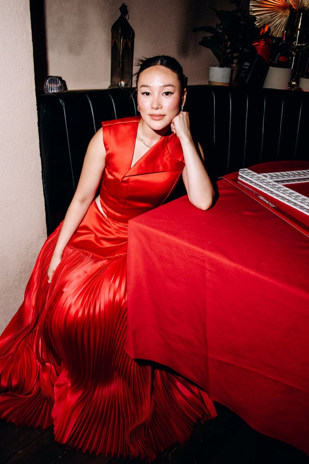 Red Satin Top With Structured Collar — Aesthetic Red Carpet Dresses