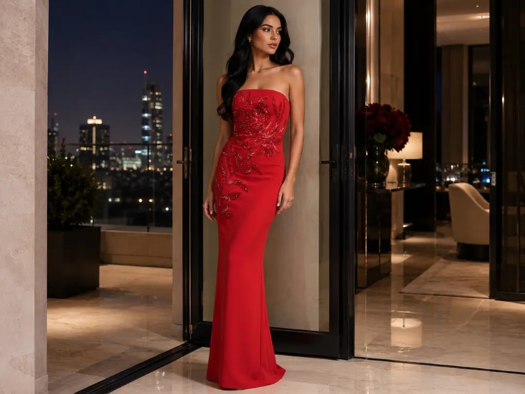 Red Strapless Column Dress With Embellished Bodice — Aesthetic Red Carpet Dresses